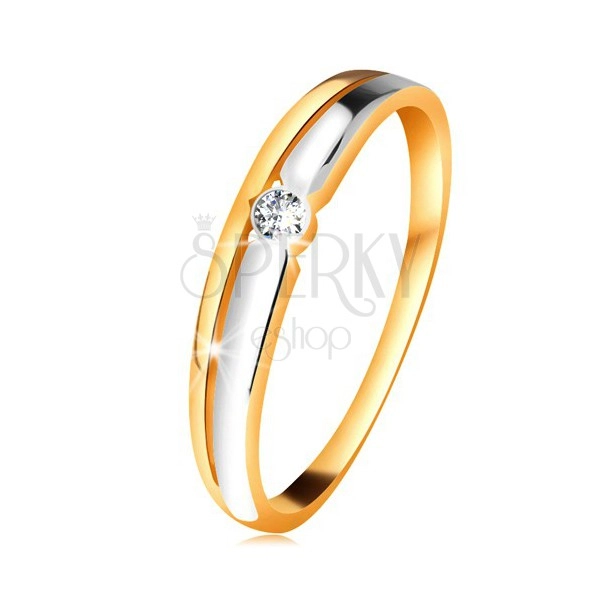 Anello in oro 14K con diamante - diamante chiaro in montatura rotonda, linee bicolori