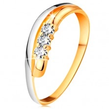 Anello brillante realizzato in oro 14K, linee arcuate in due colori, tre diamanti chiari
