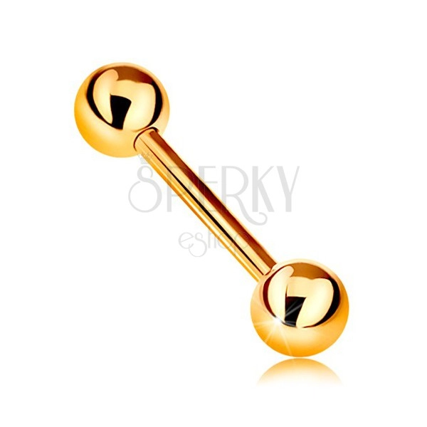 Piercing in oro 14K - barbell lucido con due palline, oro giallo, 12 mm