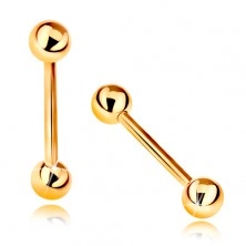 Piercing realizzato in oro giallo 9K - barbell con due palline lucide, 18 mm