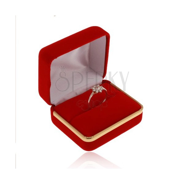 Scatola in velluto per anello, superficie liscia in colore rosso, striscia in colore dorato