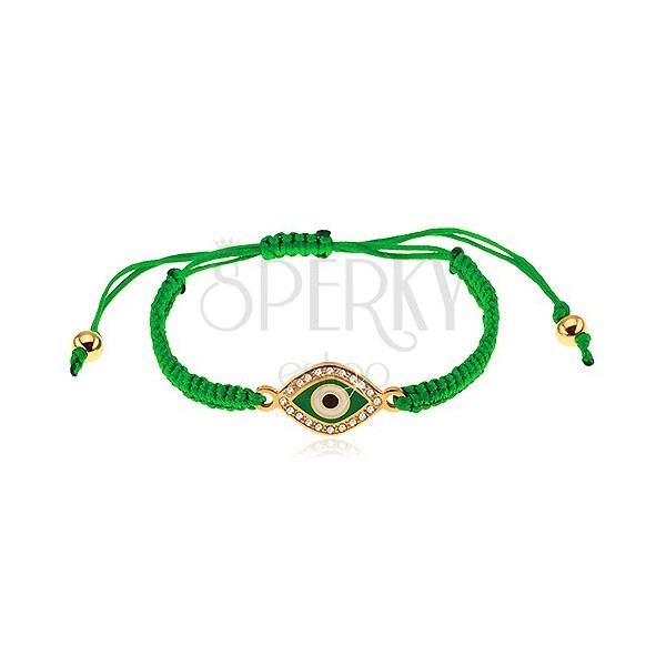 Bracciale intrecciata in colore verde scuro, simbolo occhio ornato con zirconi chiari