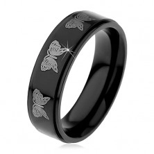 Anello in acciaio nero, modello farfalle in colore argento, 6 mm