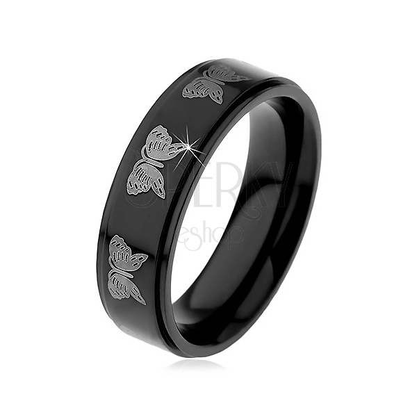 Anello in acciaio nero, modello farfalle in colore argento, 6 mm