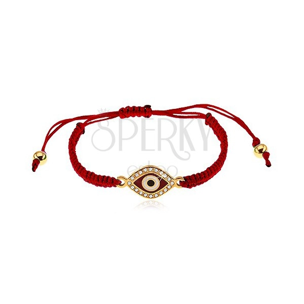 Bracciale con fili rosso violaceo, simbolo occhio ornato con zirconi chiari