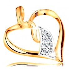 Ciondolo realizzato in oro 14K - contorno lucido a forma di cuore, linee centrali, arcuate in due colori