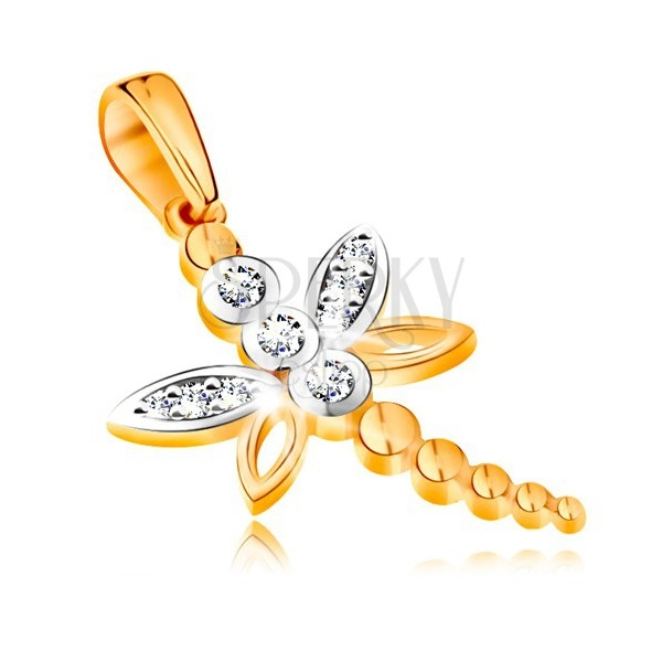 Ciondolo in oro 585 - libellula in due colori ornata con zirconi lucidi