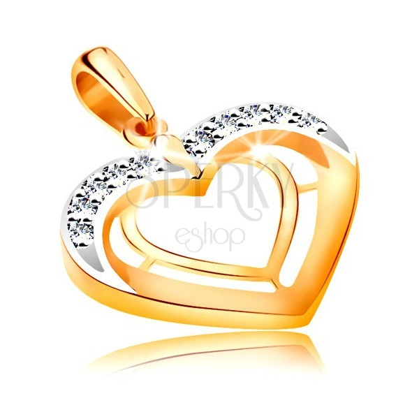 Ciondolo realizzato in oro 14K - due contorni cuore in due colori, zirconi