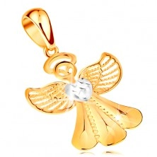 Ciondolo in due colori realizzato in oro 14K - angelo lucido con ali con filigrana e cuore