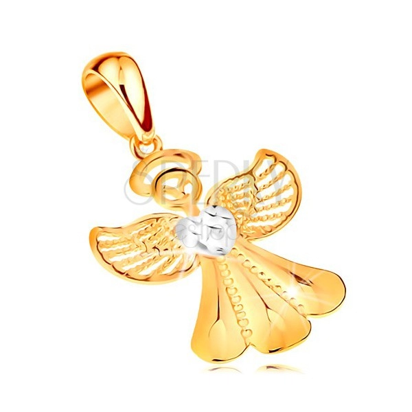 Ciondolo in due colori realizzato in oro 14K - angelo lucido con ali con filigrana e cuore