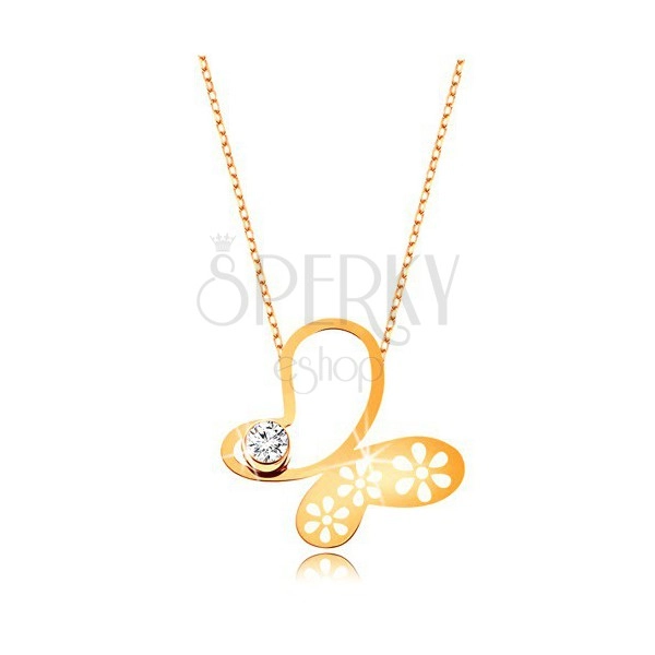 Collana realizzata in oro giallo 9K - farfalla asimmetrica con fiori, catena sottile
