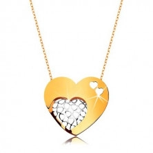 Collana realizzata in oro 9K - catena sottile, cuore grande ornato con ritagli a forma di piccolo cuore