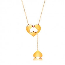 Collana realizzata in oro 9K - catena sottile, cuore con intaglio e cuore pendente rovesciato