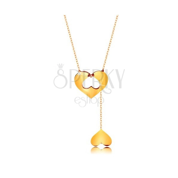 Collana realizzata in oro 9K - catena sottile, cuore con intaglio e cuore pendente rovesciato