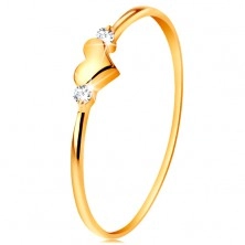 Anello realizzato in oro giallo 14K - due zirconi chiari e cuore lucido, sporgente