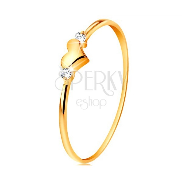 Anello realizzato in oro giallo 14K - due zirconi chiari e cuore lucido, sporgente