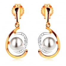 Orecchini in oro 585, lacrima asimmetrica in due colori, perla bianca, zirconi
