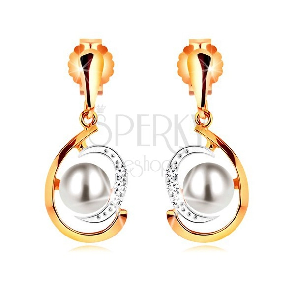 Orecchini in oro 585, lacrima asimmetrica in due colori, perla bianca, zirconi