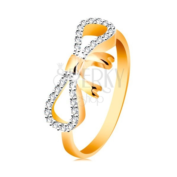 Anello realizzato in oro 14K - fiocco ornato con zirconi e oro bianco, lati stretti