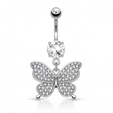 Piercing all'ombelico in acciaio, colore argento, farfalla lucida, zirconi chiari