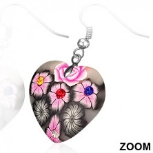 Orecchini FIMO pendenti su ganci afro, cuore grigio con fiori rosa e zirconi