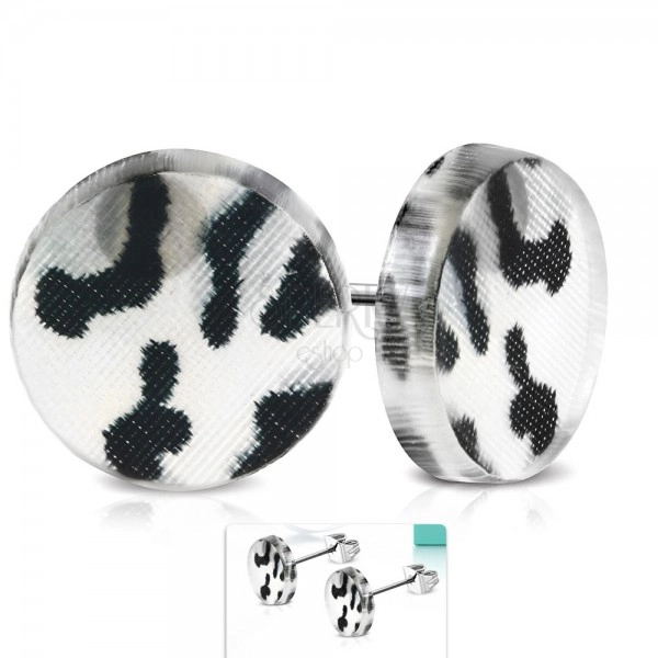 Orecchini in acciaio inox, cerchio acrilico con modello leopardo grigio-nero