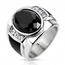 Anello in acciaio con ovale nero, zirconi chiari e strisce nere
