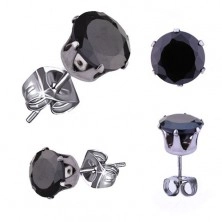 Orecchini in acciaio 316L, colore argento, zircone nero rotondo, 3 mm