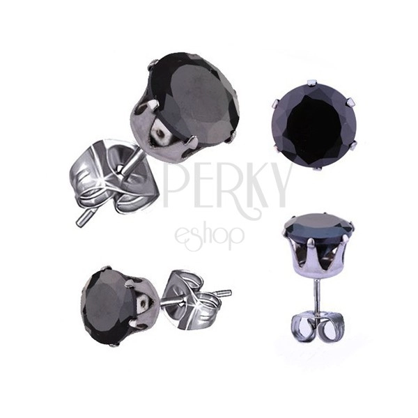 Orecchini in acciaio 316L, colore argento, zircone nero rotondo, 3 mm