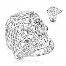 Anello grande in acciaio 316L, colore argento brillante, cranio reticolare