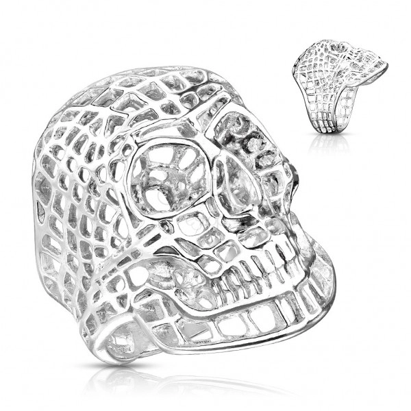 Anello grande in acciaio 316L, colore argento brillante, cranio reticolare