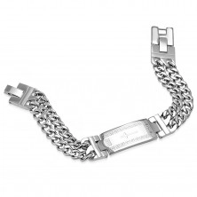 Bracciale in acciaio inox, colore argento, catena doppia, targhetta con croce