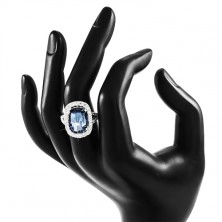 Anello in argento 925, grande zircone in color blu e bordo chiaro