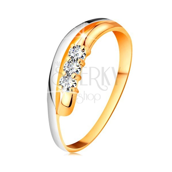 Anello brillante realizzato in oro 18K, linee arcuate in due colori, tre diamanti chiari