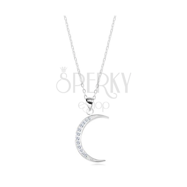 Collana in argento 925, catena brillante, luna sottile incisa con zirconi