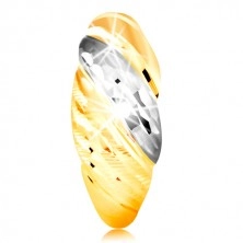 Anello in oro 585 - strisce sporgenti in oro bianco e giallo, intagli brillanti