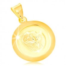 Ciondolo in oro giallo 14K, targhetta rotonda con Vergine Maria