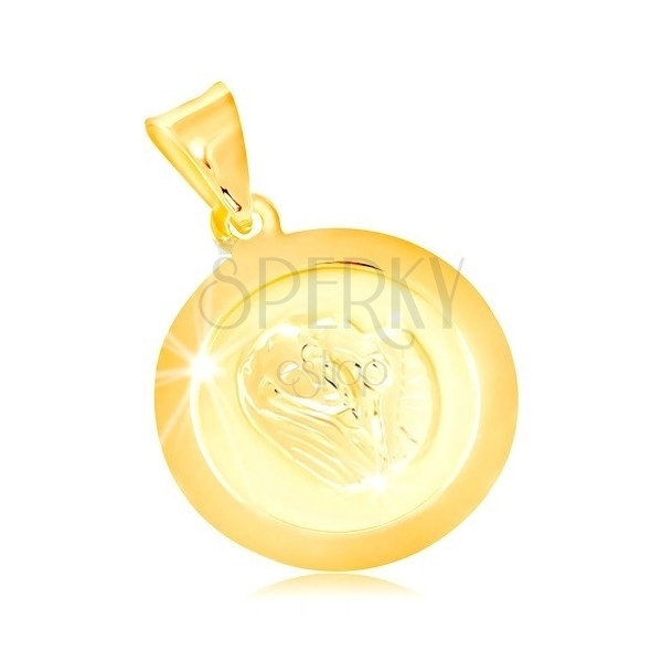 Ciondolo in oro giallo 14K, targhetta rotonda con Vergine Maria