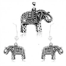 Set in argento 925, orecchini e ciondolo, elefante inciso con patina nera