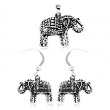 Set in argento 925, orecchini e ciondolo, elefante inciso con patina nera