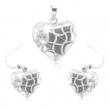 Set orecchini e ciondolo, argento 925, cuore con piccoli intagli e zirconi