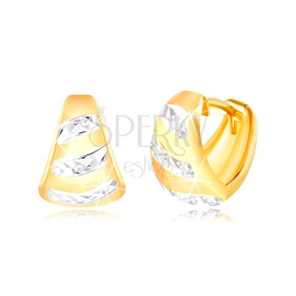 Orecchini in oro giallo 14K - arco opaco allargato, strisce lucide in oro bianco