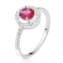 Anello in argento 925 - zircone rotondo rosa-rosso, bordo chiaro