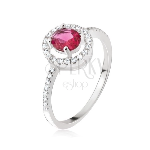 Anello in argento 925 - zircone rotondo rosa-rosso, bordo chiaro