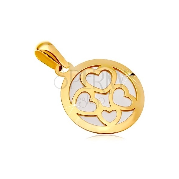 Ciondolo in oro giallo 585 - cerchio costruito con madreperla bianca, contorni quattro cuori