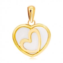 Ciondolo in oro giallo 14K - cuore con madreperla e contorno cuore su diagonale nel centro