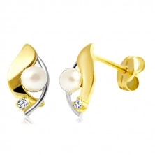 Orecchini in oro 14K, palline in due colori, perla bianco e zircone chiaro