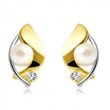 Orecchini in oro 14K, palline in due colori, perla bianco e zircone chiaro