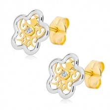 Orecchini in oro 585 - fiore in due colori con ornamento e zircone chiaro