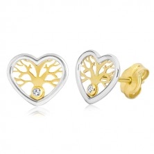 Orecchini in oro 585 - cuore in due colori con albero della vita e zirconi